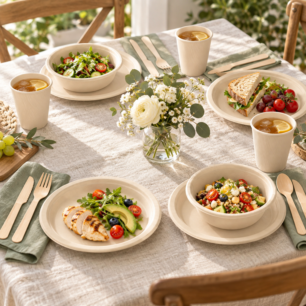 Natural beige plant-fibre dinnerware on a styled dining table. Food, flowers and extra decor are styling props, not included.