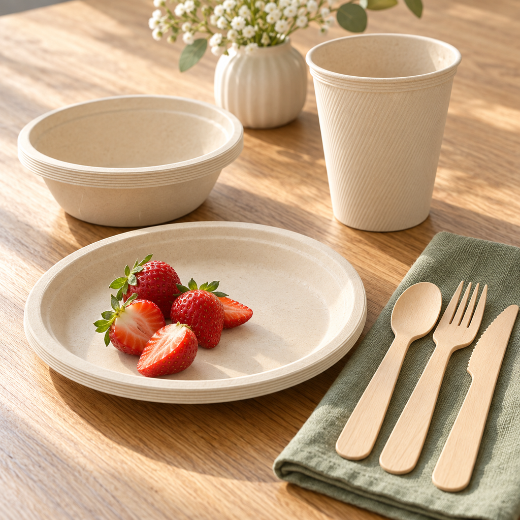 Natural beige plant-fibre plates, bowls and cup in an individual place setting. Food, flowers and extra decor are styling props, not included.