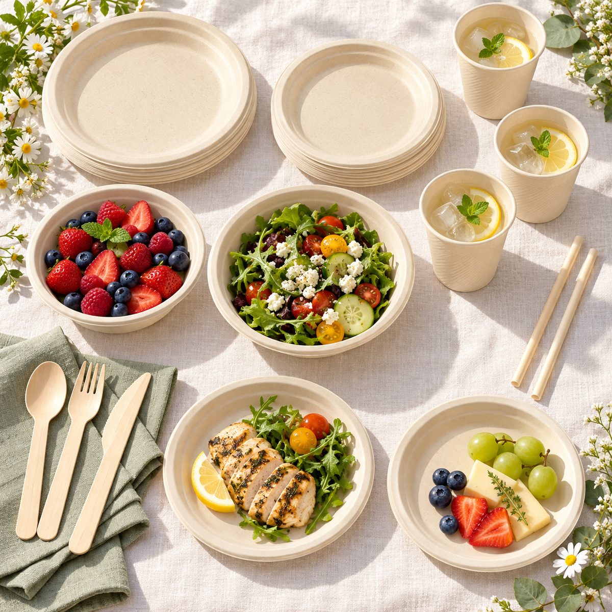 Overhead view of natural beige plant-fibre dinnerware at a buffet. Food, flowers and extra decor are styling props, not included.