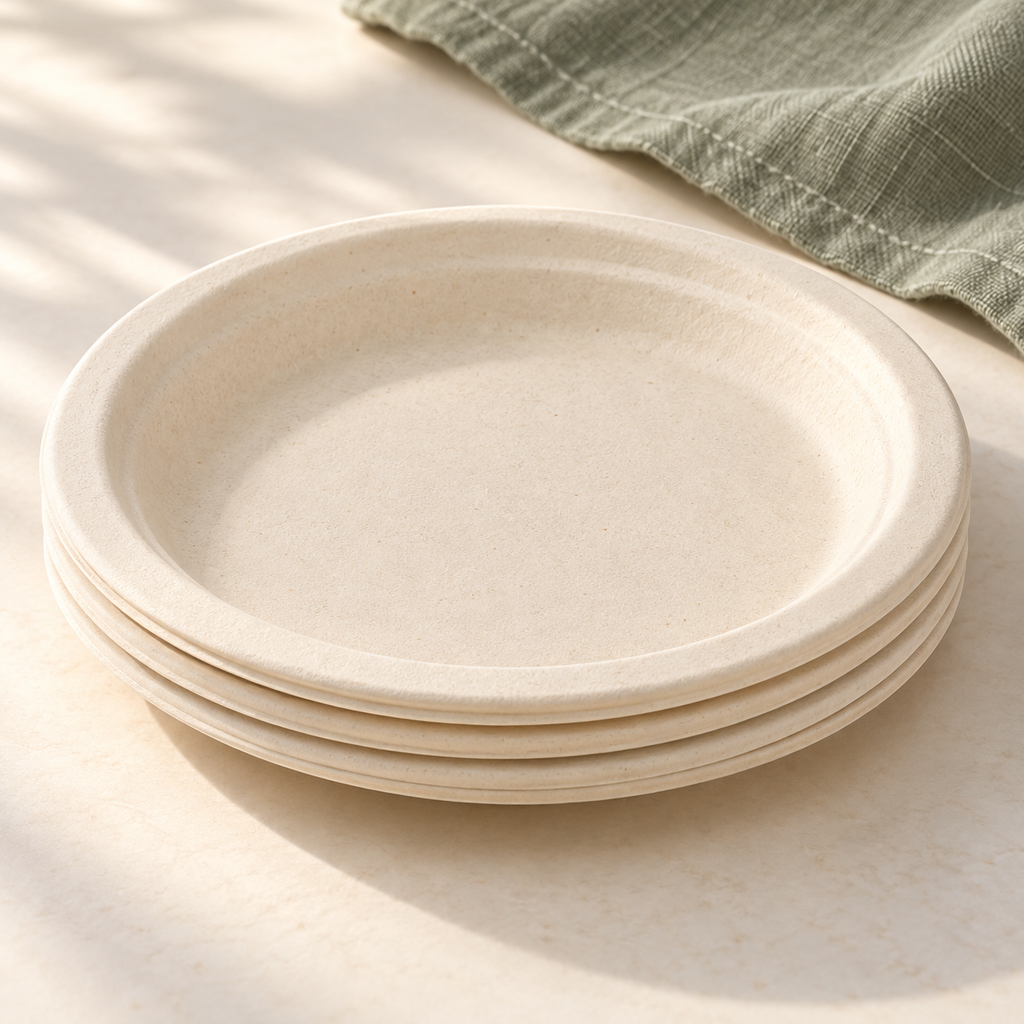 Close-up of natural beige dinnerware showing its matte fibrous texture. Food, flowers and extra decor are styling props, not included.