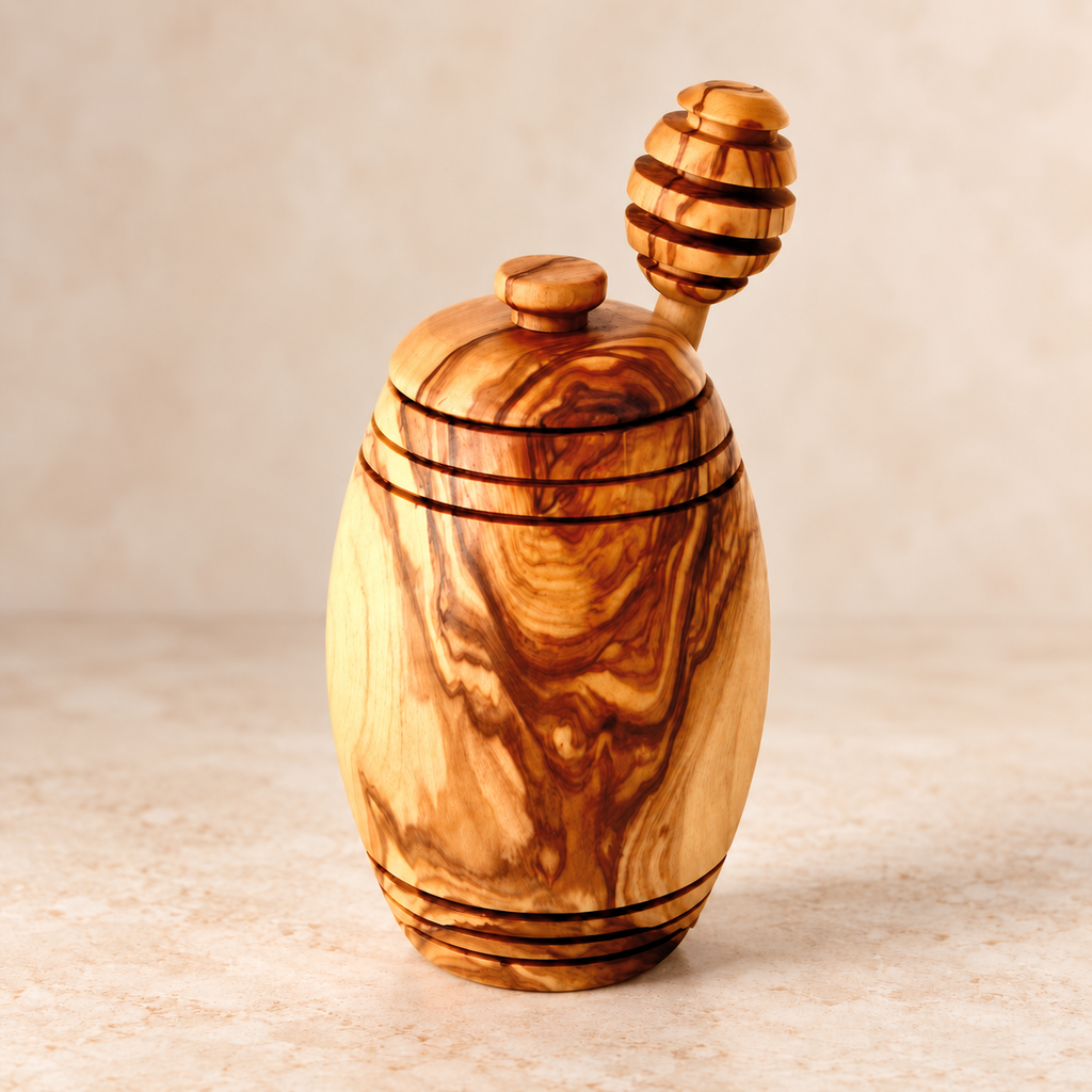 Close-up of the closed olive wood honey pot and matching dipper, showing the lid knob, decorative ring grooves and natural wood grain.