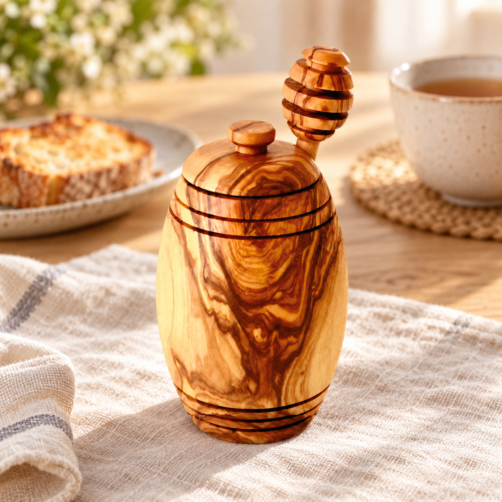 Closed olive wood honey pot with matching dipper in a breakfast setting. Toast, tea and linen are styling props, not included.