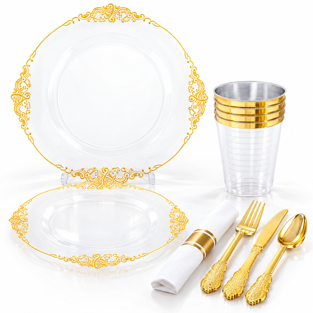 Clear scalloped party dinnerware with ornate gold scroll trim on a clean white background. Food, flowers and extra decor are styling props, not included.