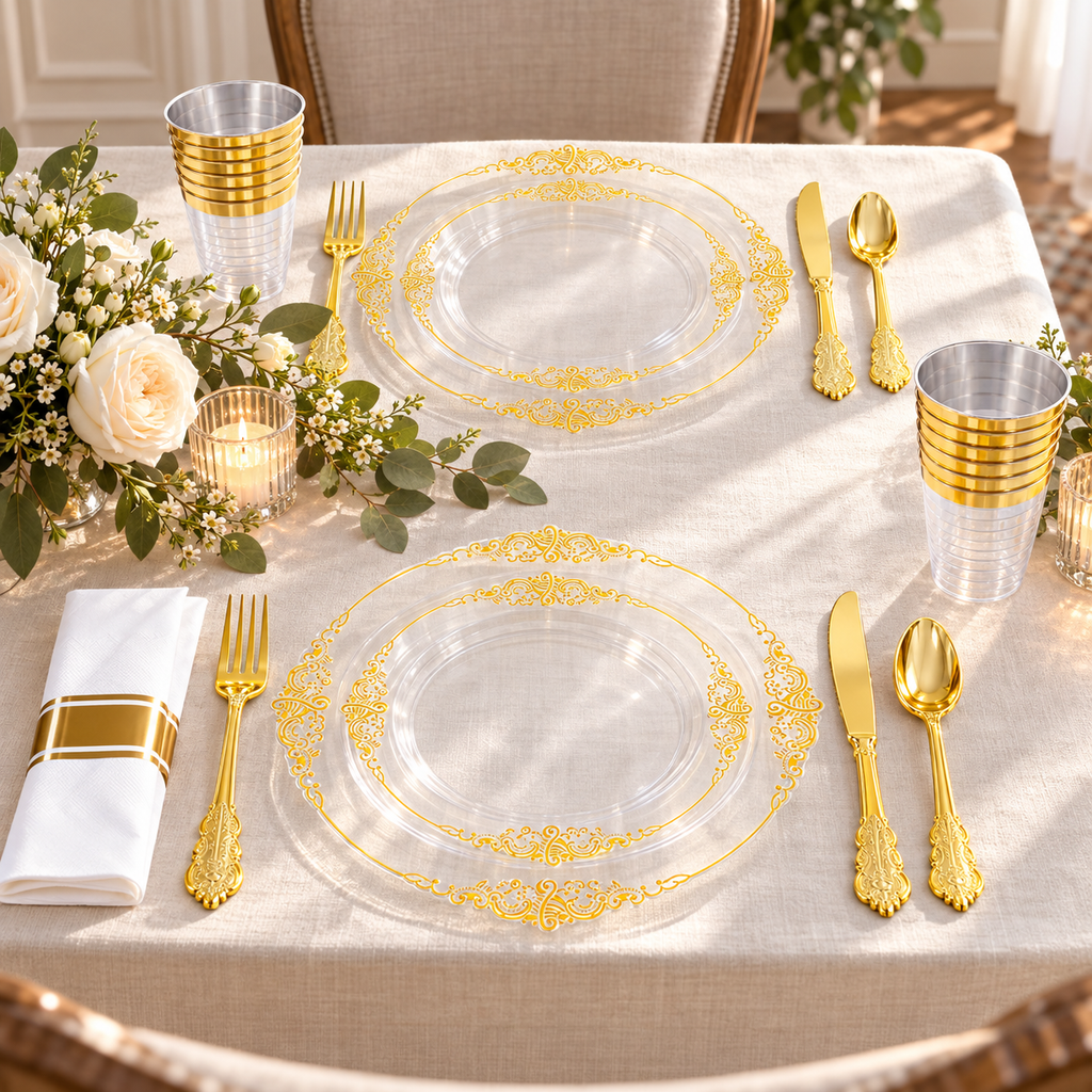 Clear gold-scroll-trimmed dinnerware in a two-place table setting. Food, flowers and extra decor are styling props, not included.