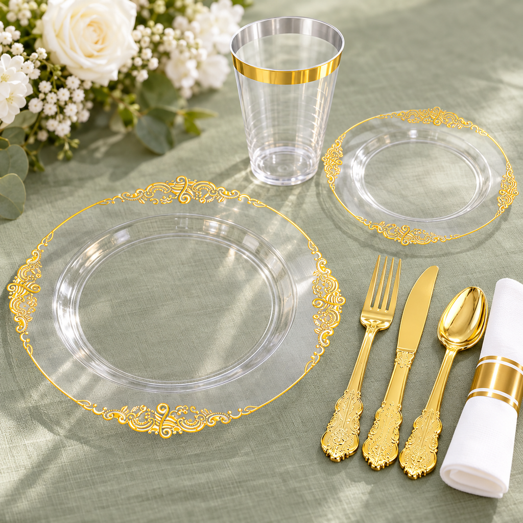 Clear scalloped plates with ornate gold trim and matching party tableware in a close setting. Food, flowers and extra decor are styling props, not included.