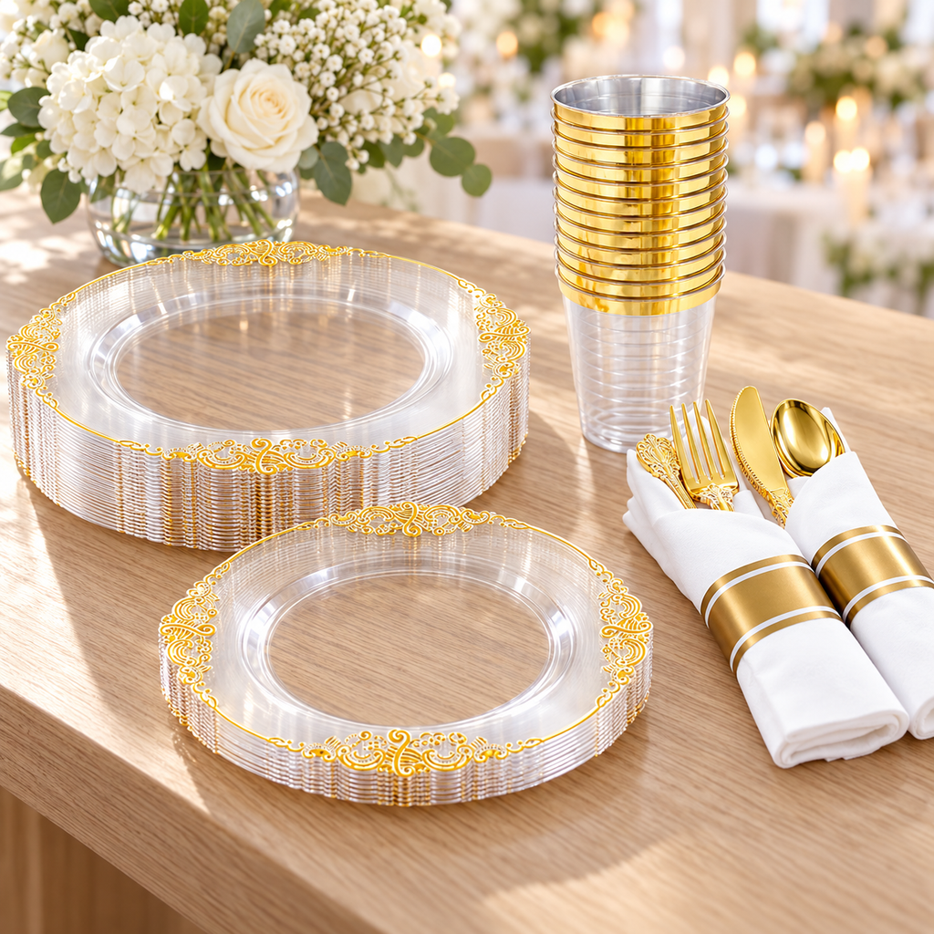 Detail of clear gold-scroll-trimmed plates and coordinated party tableware at a buffet. Food, flowers and extra decor are styling props, not included.
