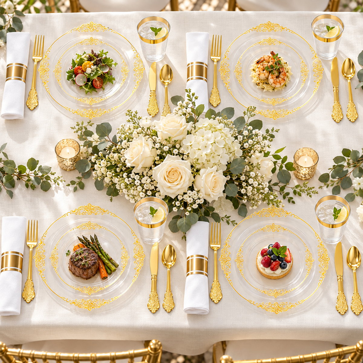 Overhead view of clear plastic dinnerware with four-point gold scroll trim on a coordinated dining table. Food, flowers and extra decor are styling props, not included.