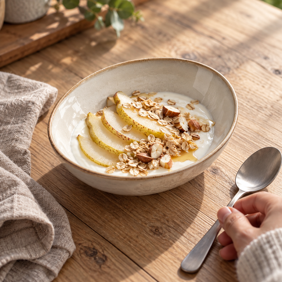 Ivory oval ceramic bowl holding yogurt with pear at breakfast