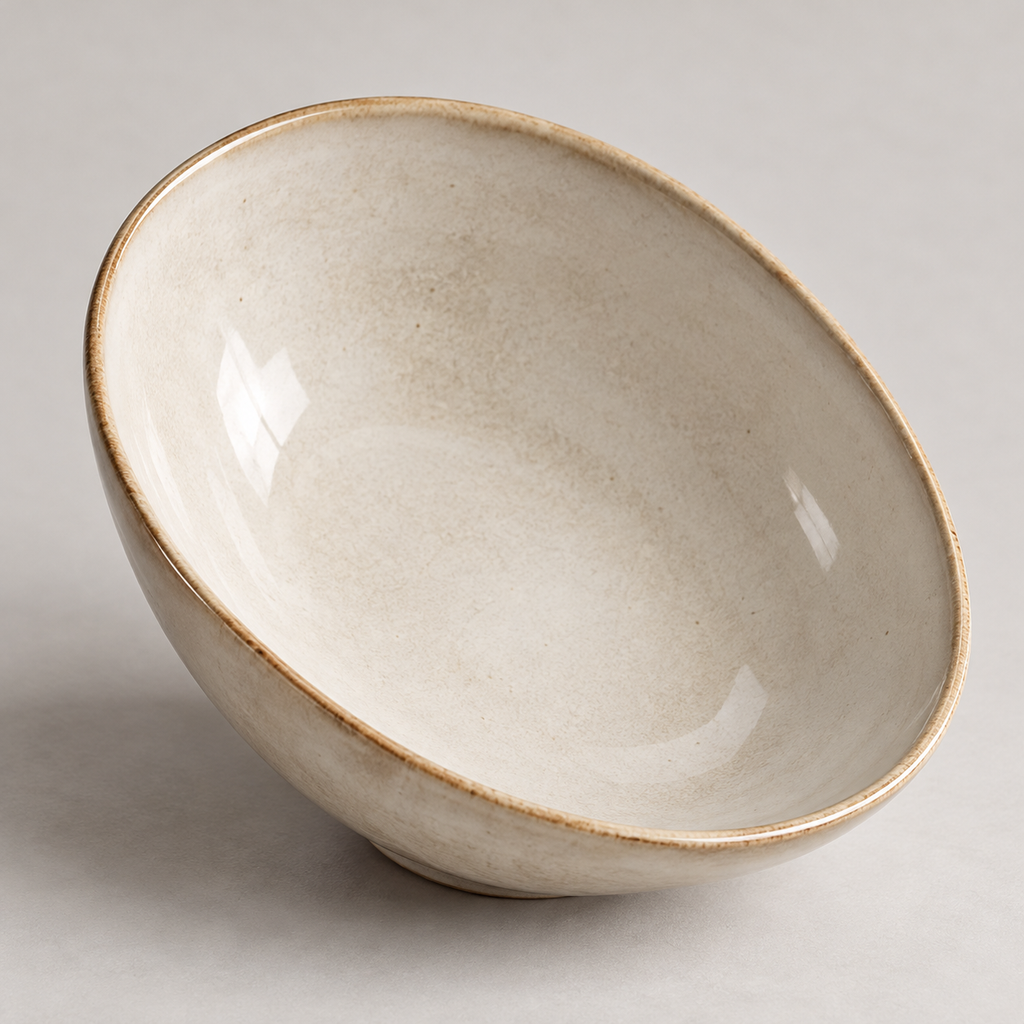 Oval ivory ceramic bowl showing the interior glaze and rim