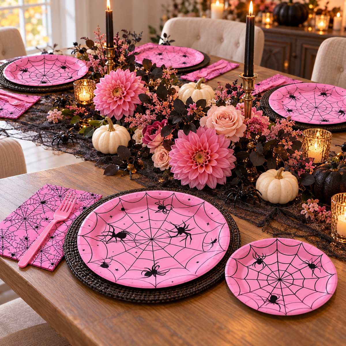 Pink Spider Web Halloween Party Kit for 24 in a styled product photograph. Food, flowers and extra decor are styling props, not included.