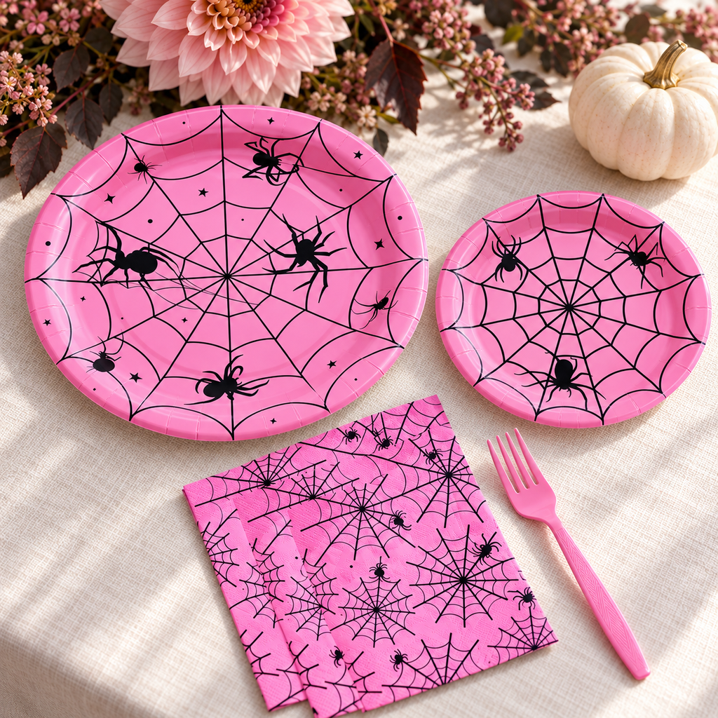 Pink Spider Web Halloween Party Kit for 24 in a styled product photograph. Food, flowers and extra decor are styling props, not included.