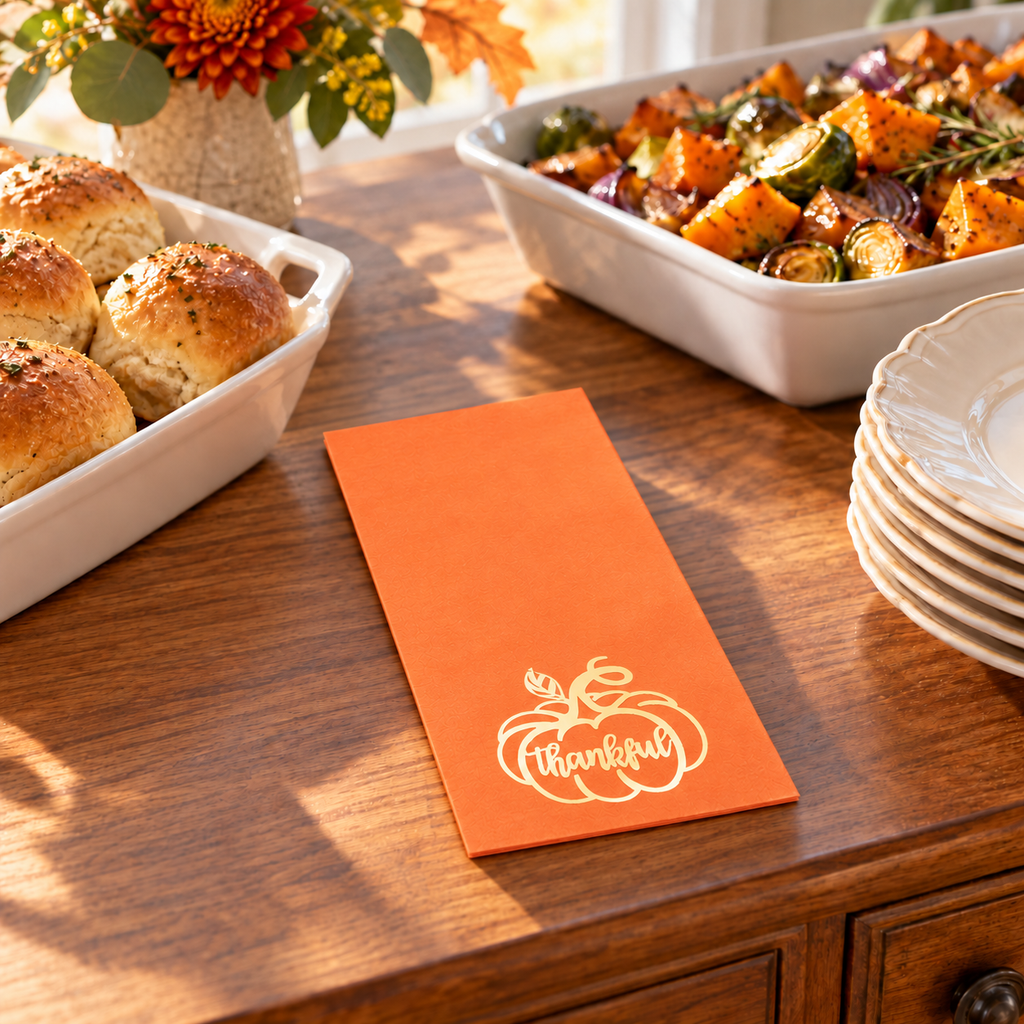 Thin folded orange paper napkins with gold pumpkin and Thankful print. Food, tableware and decor are styling props, not included.