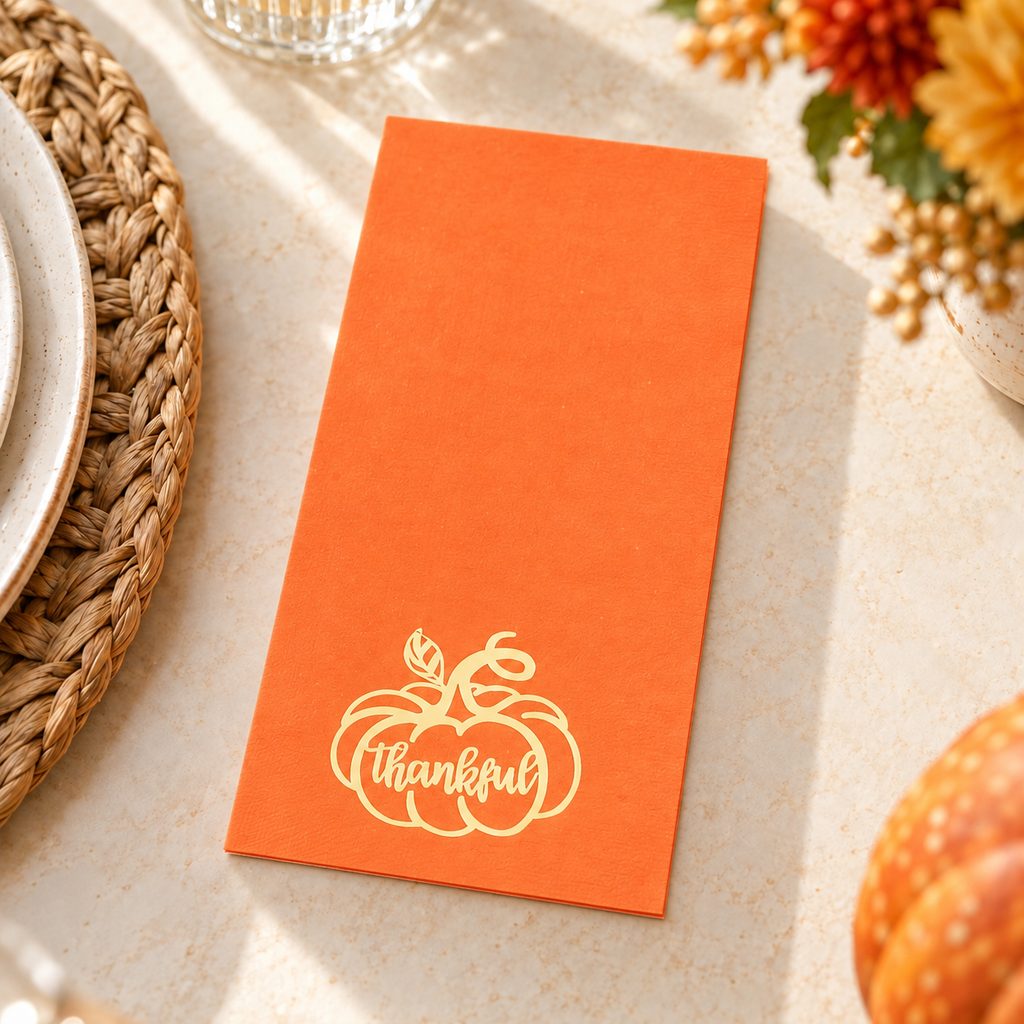 Thin folded orange paper napkins with gold pumpkin and Thankful print. Food, tableware and decor are styling props, not included.