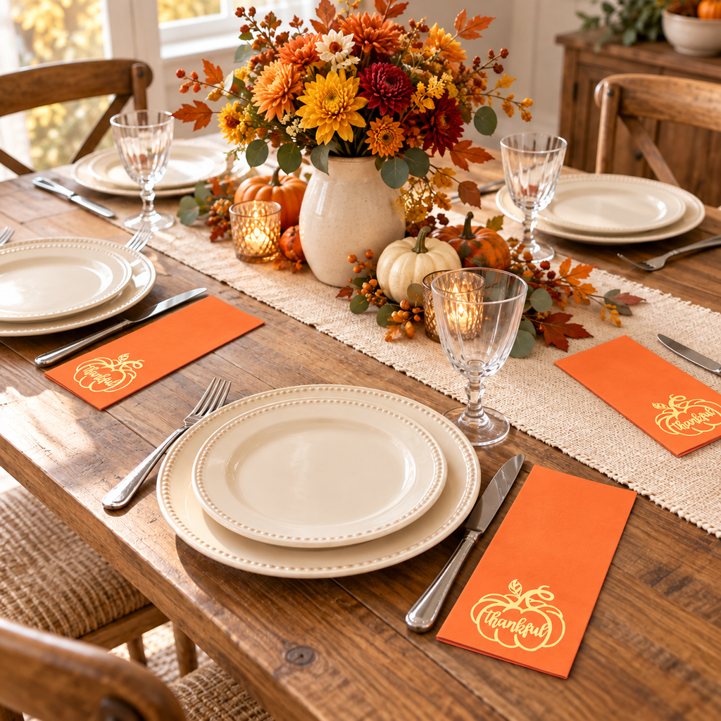 Thin folded orange paper napkins with gold pumpkin and Thankful print. Food, tableware and decor are styling props, not included.