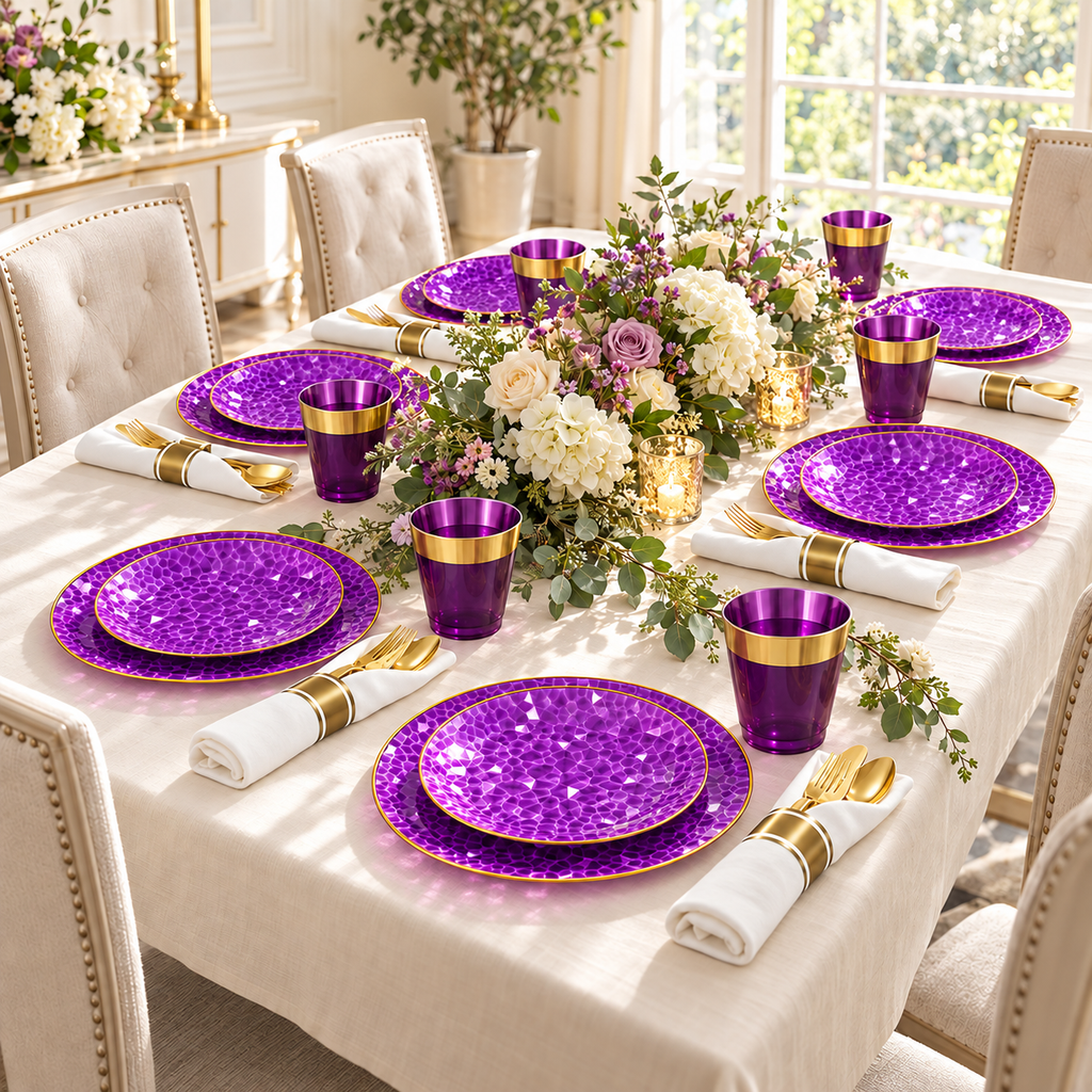 Purple and Gold Hammered Plastic Dinnerware Set, 175 pc in a styled product photograph. Food, flowers and extra decor are styling props, not included.