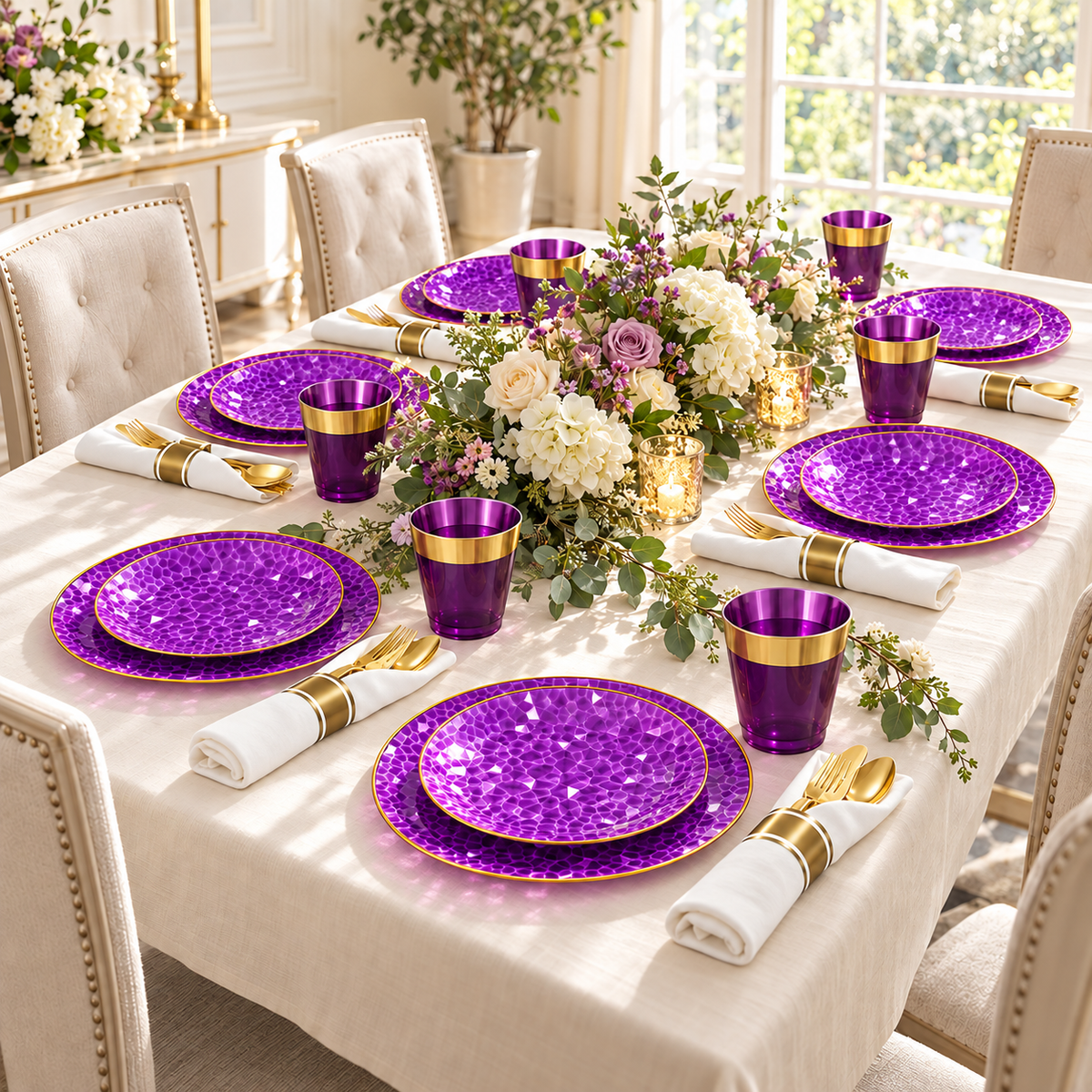 Purple and Gold Hammered Plastic Dinnerware Set, 175 pc in a styled product photograph. Food, flowers and extra decor are styling props, not included.