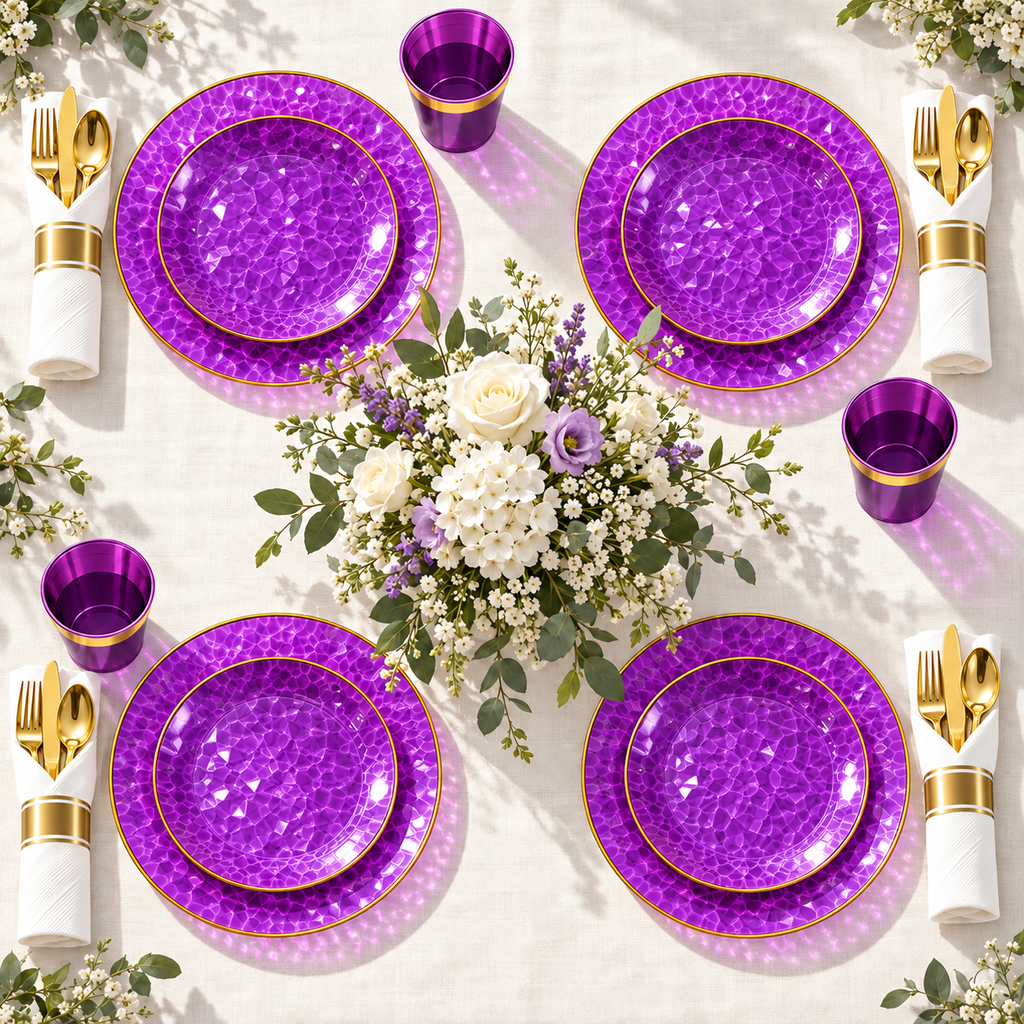 Purple and Gold Hammered Plastic Dinnerware Set, 175 pc in a styled product photograph. Food, flowers and extra decor are styling props, not included.