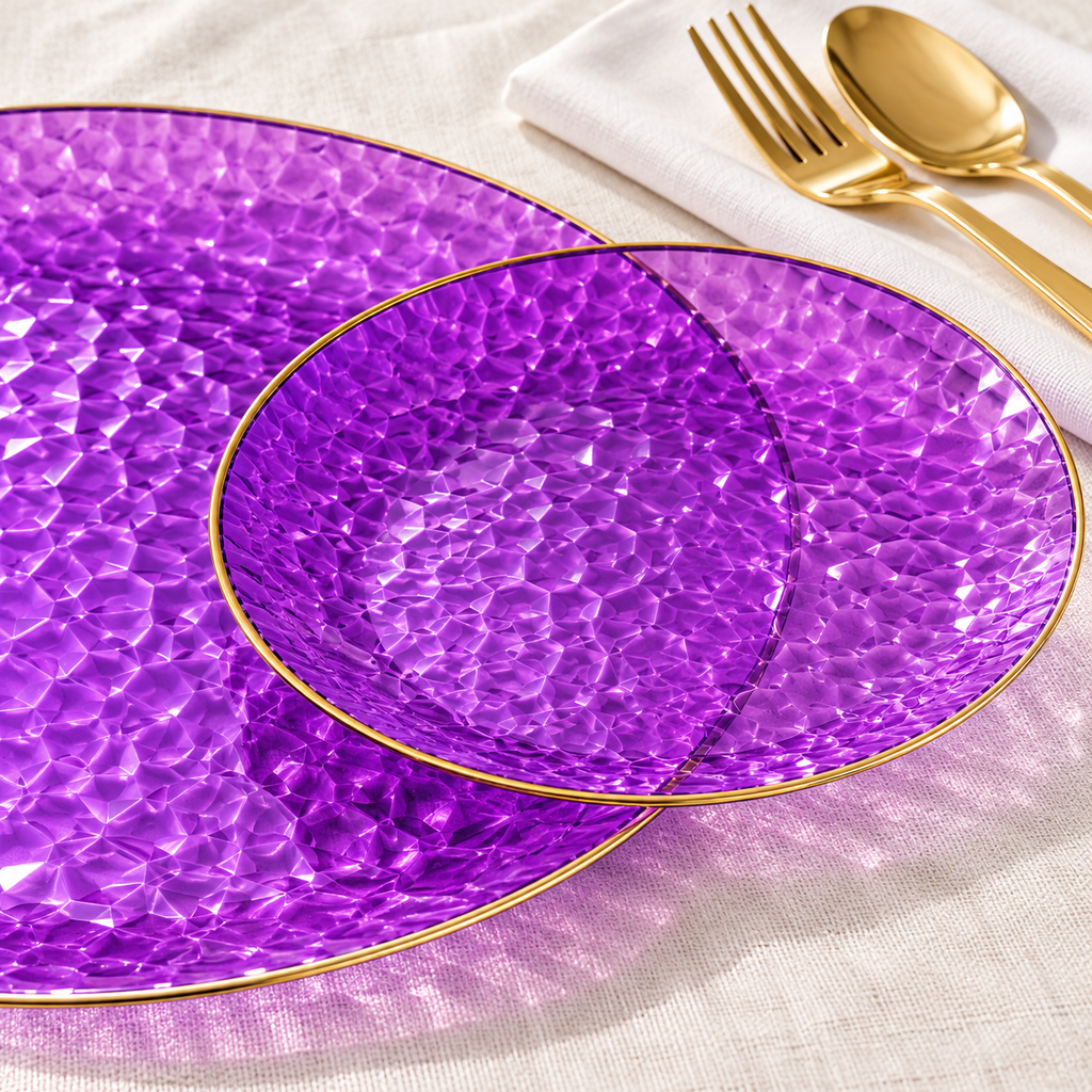 Purple and Gold Hammered Plastic Dinnerware Set, 175 pc in a styled product photograph. Food, flowers and extra decor are styling props, not included.