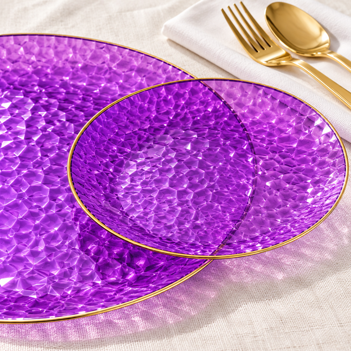 Purple and Gold Hammered Plastic Dinnerware Set, 175 pc in a styled product photograph. Food, flowers and extra decor are styling props, not included.
