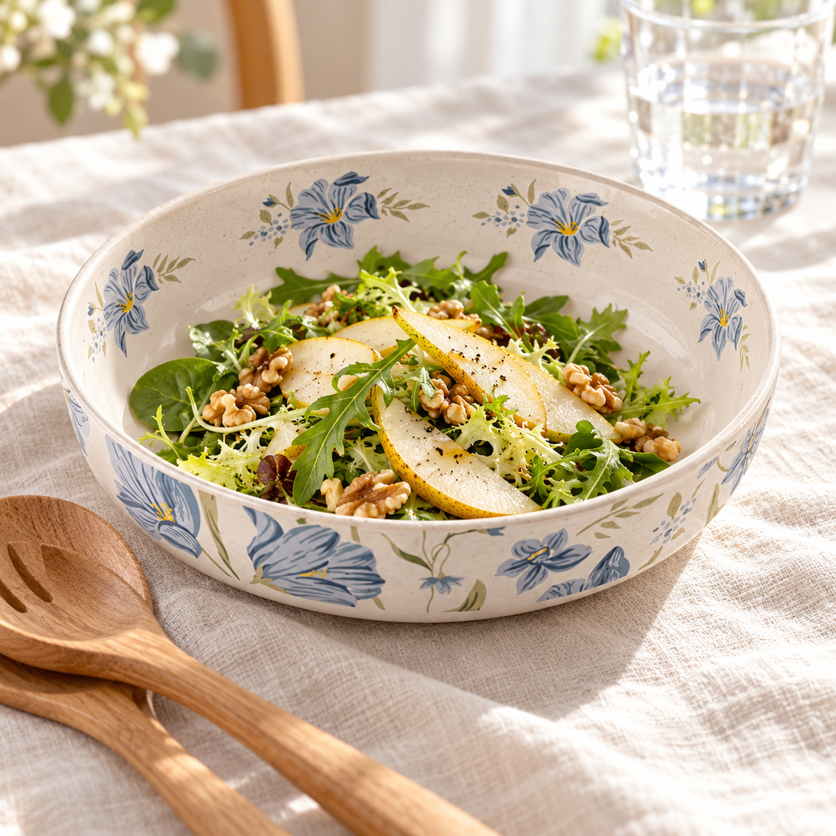 Rain Orchid blue floral ceramic bowl serving pear and walnut salad