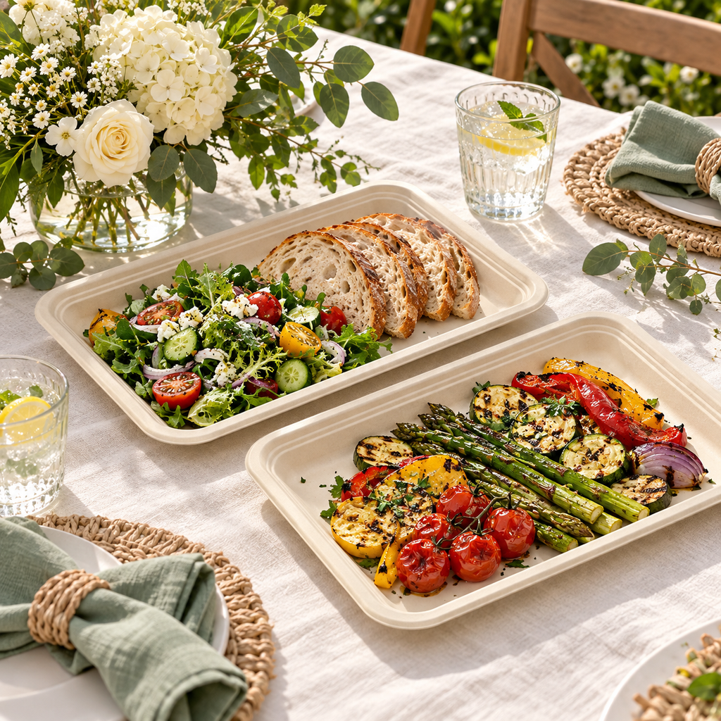 Natural beige rectangular fibre platters on a styled dining table. Food, tableware and extra decor are styling props, not included.