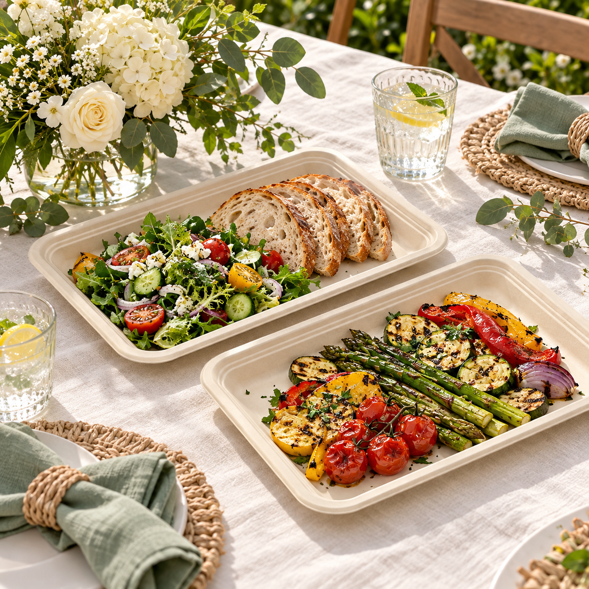 Natural beige rectangular fibre platters on a styled dining table. Food, tableware and extra decor are styling props, not included.