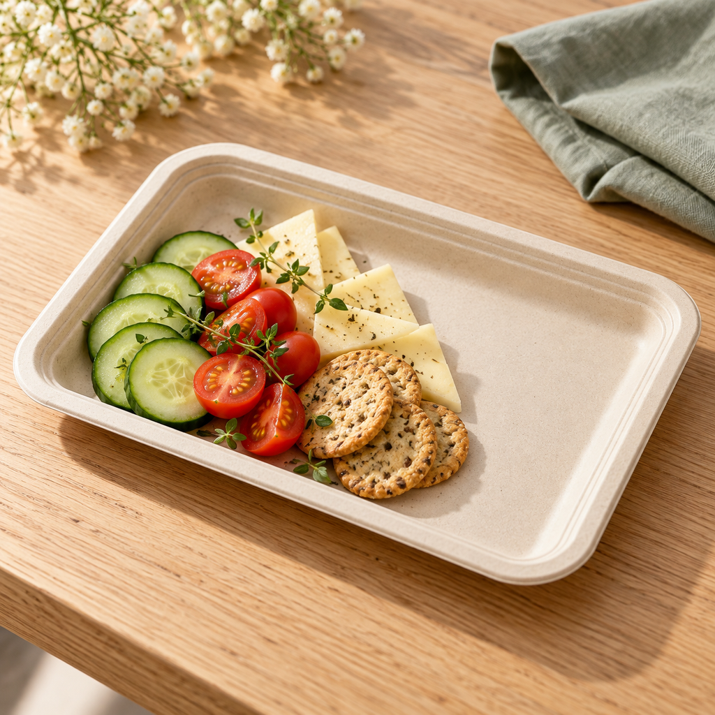 Rounded rectangular plant-fibre platter in a close serving scene. Food, tableware and extra decor are styling props, not included.