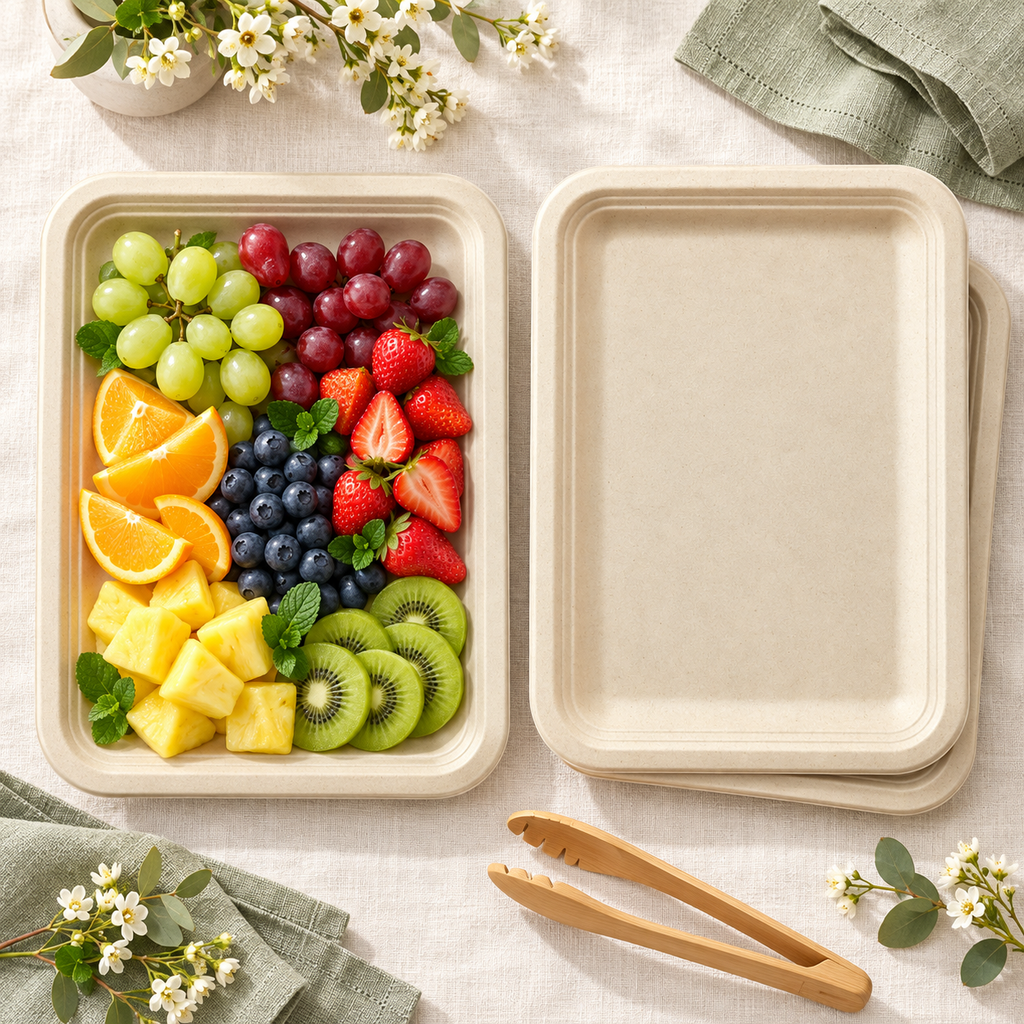 Overhead view of natural beige rectangular fibre platters at a buffet. Food, tableware and extra decor are styling props, not included.