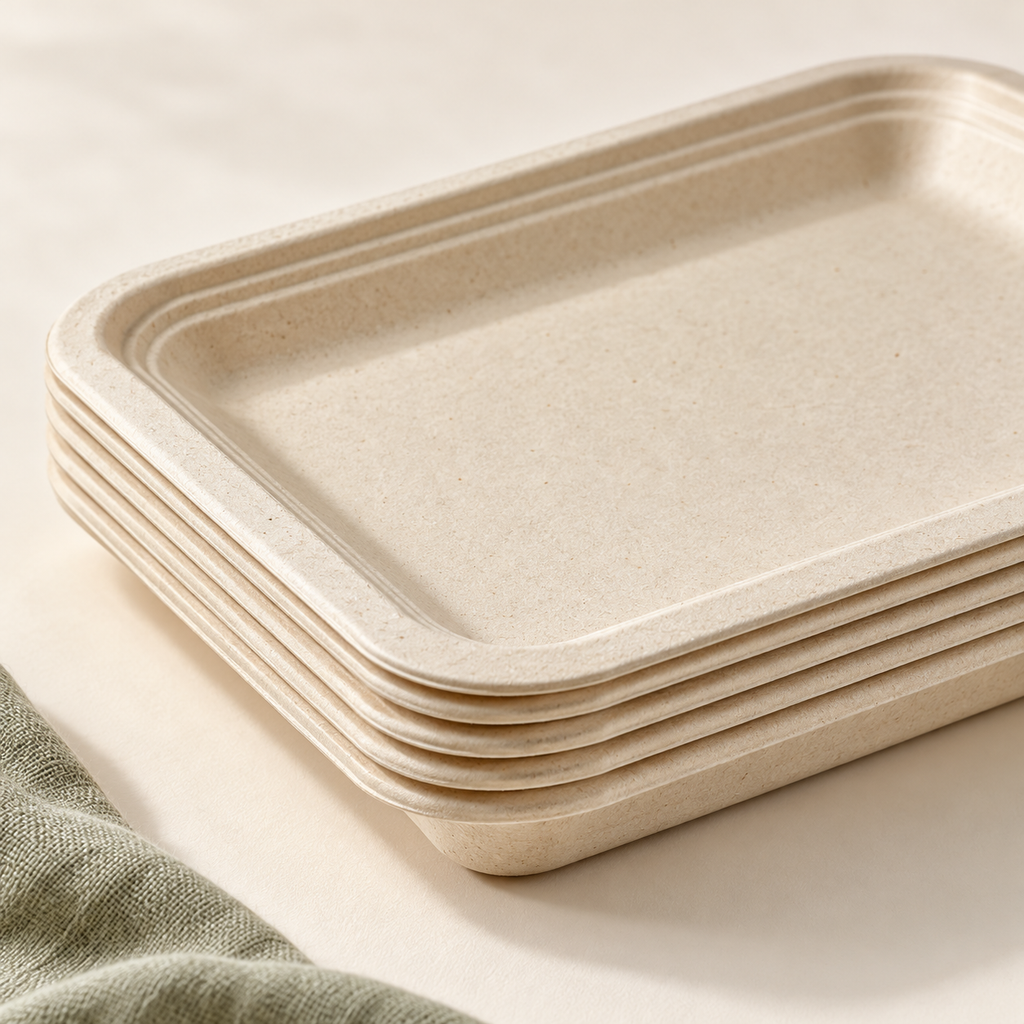 Close-up of rounded rectangular fibre platters showing the stepped rim and thin matte material. Food, tableware and extra decor are styling props, not included.