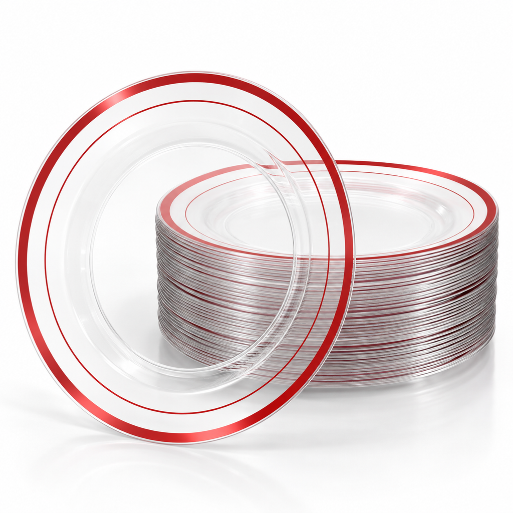 Clear plastic dessert plates with double red rim accents on a clean white background. Food, tableware and extra decor are styling props, not included.