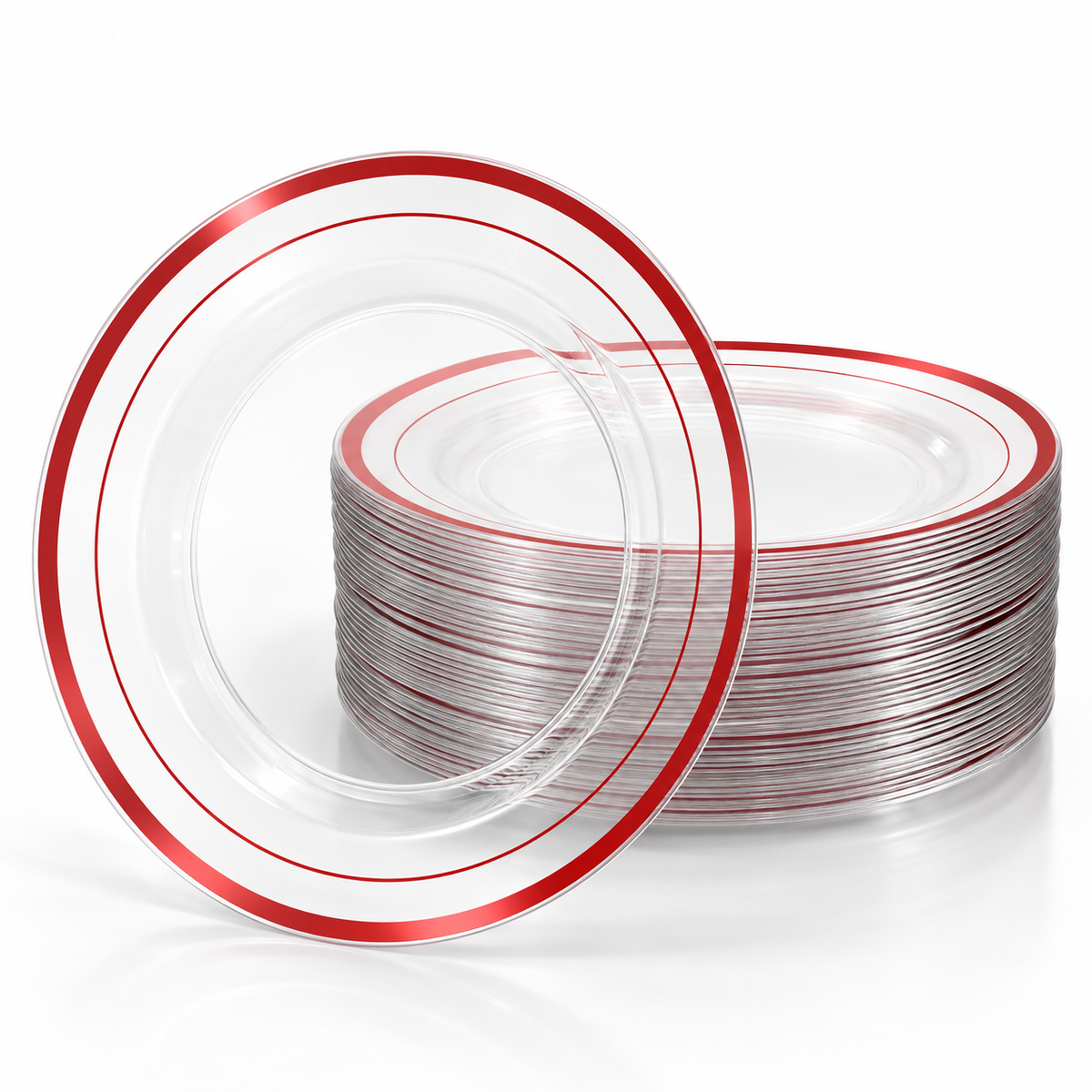 Clear plastic dessert plates with double red rim accents on a clean white background. Food, tableware and extra decor are styling props, not included.