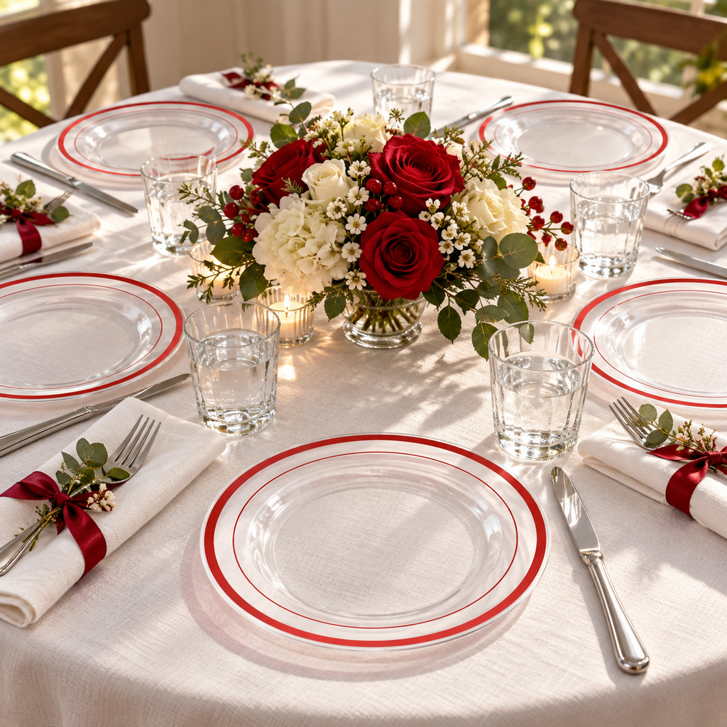 Clear plastic dessert plates with red rim accents on a full dining table. Food, tableware and extra decor are styling props, not included.