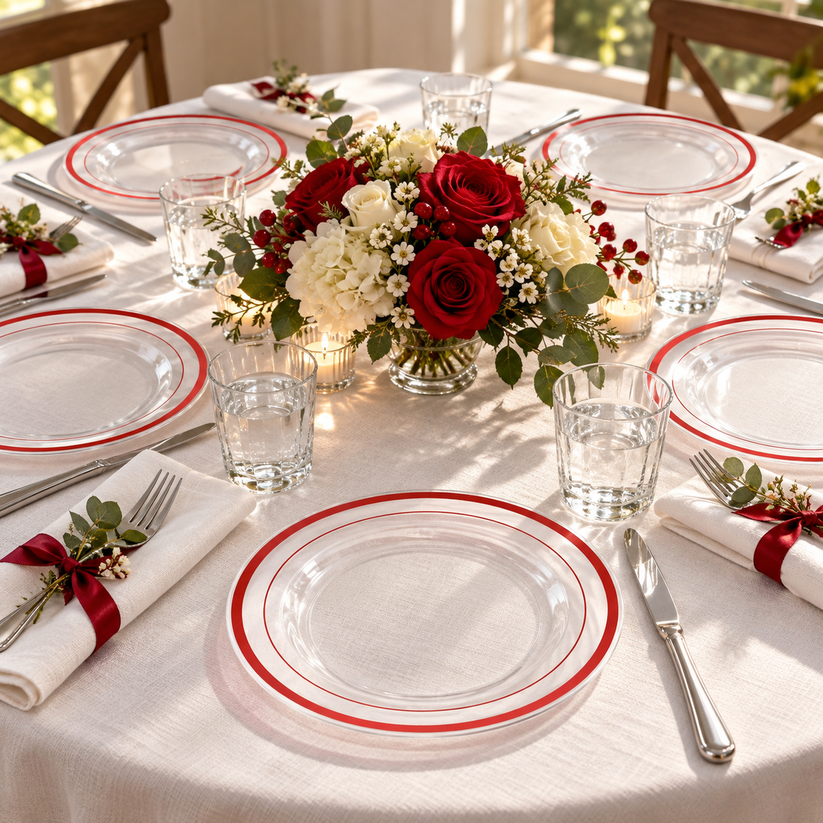 Clear plastic dessert plates with red rim accents on a full dining table. Food, tableware and extra decor are styling props, not included.