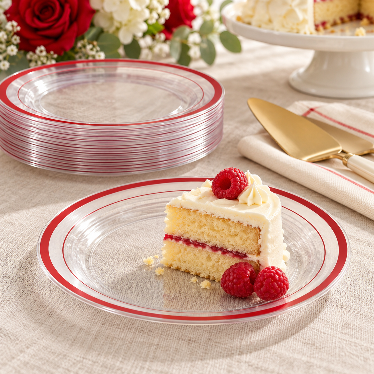 Clear red-rimmed plastic dessert plates at a buffet. Food, tableware and extra decor are styling props, not included.
