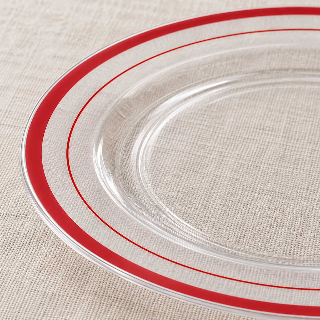 Close-up of clear plastic dessert plates showing the two red rim accents and thin profile. Food, tableware and extra decor are styling props, not included.