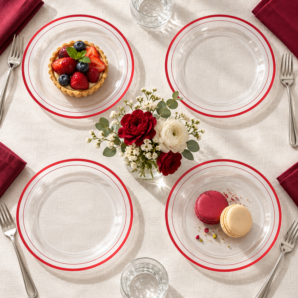 Overhead dessert table with clear plastic 7.5-inch plates with one broad and one fine red rim accent. Food, glassware, linens, cutlery and flowers are styling props, not included.
