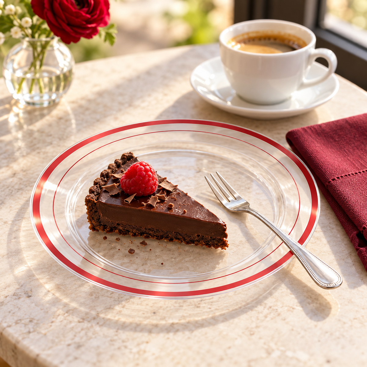Individual dessert setting with a clear plastic plate featuring double red rim accents. Food, cup, cutlery, napkin and flowers are styling props, not included.