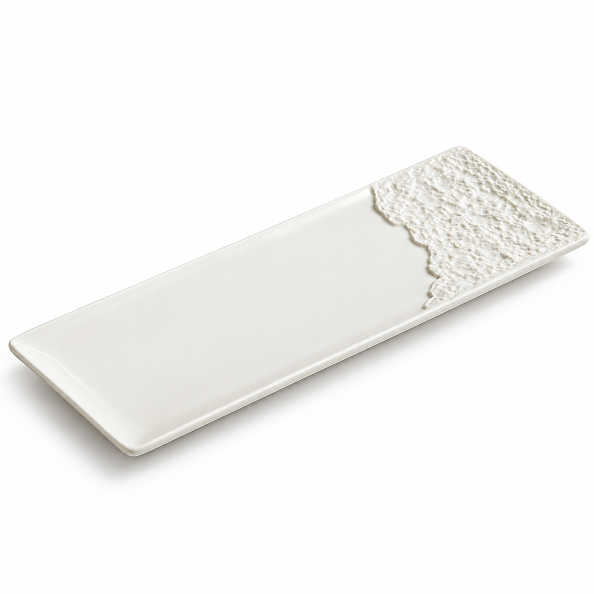 White ceramic rectangular rock-texture serving plate on white background