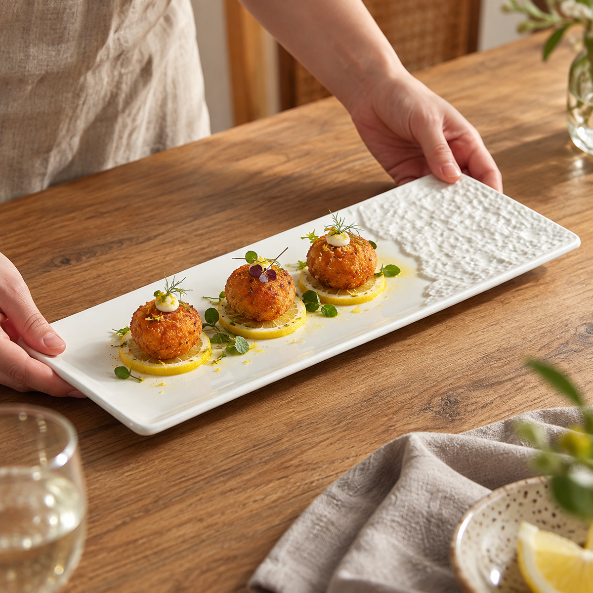 Rectangular ceramic plate serving appetizers at a dining table