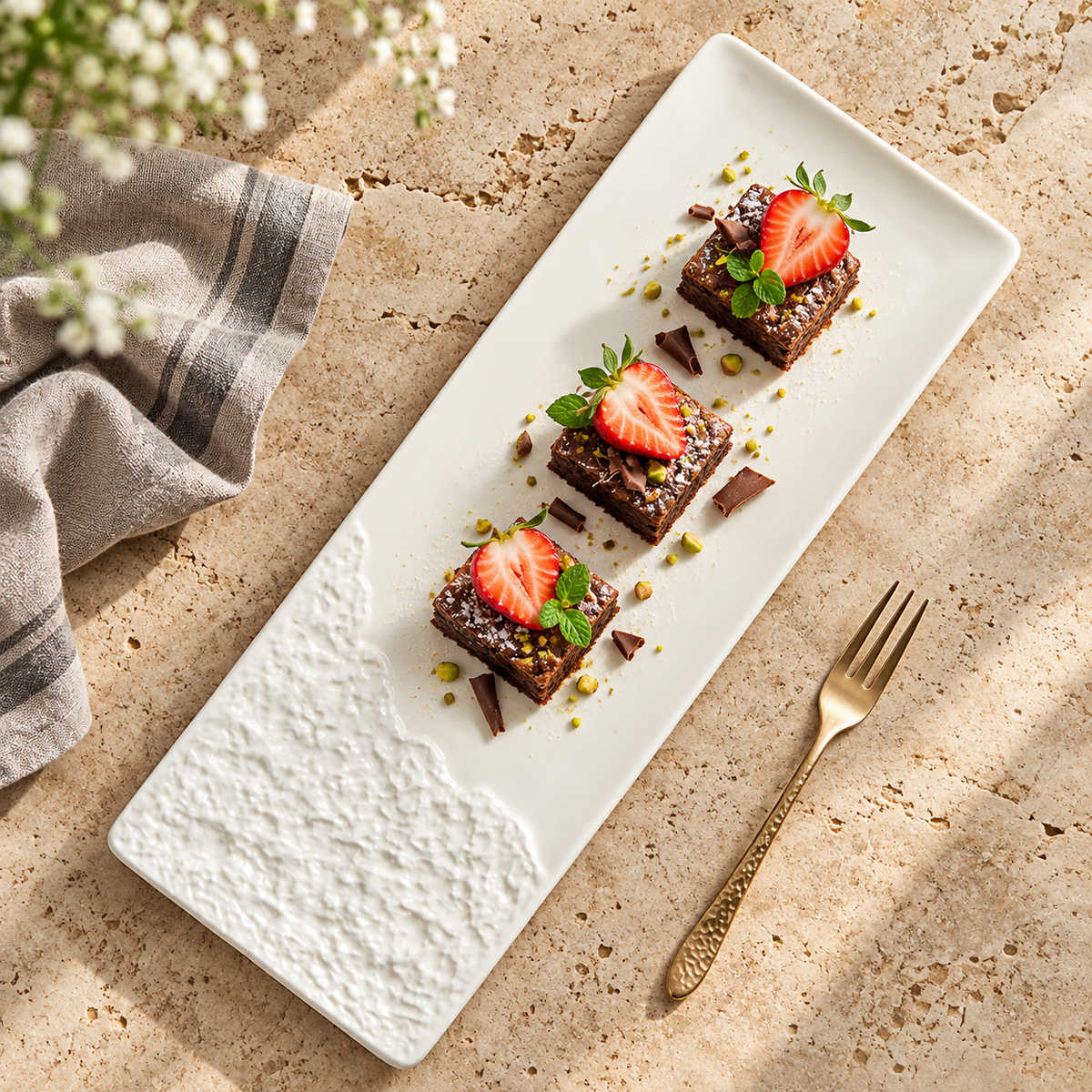Ceramic serving plate used for brownies and berries