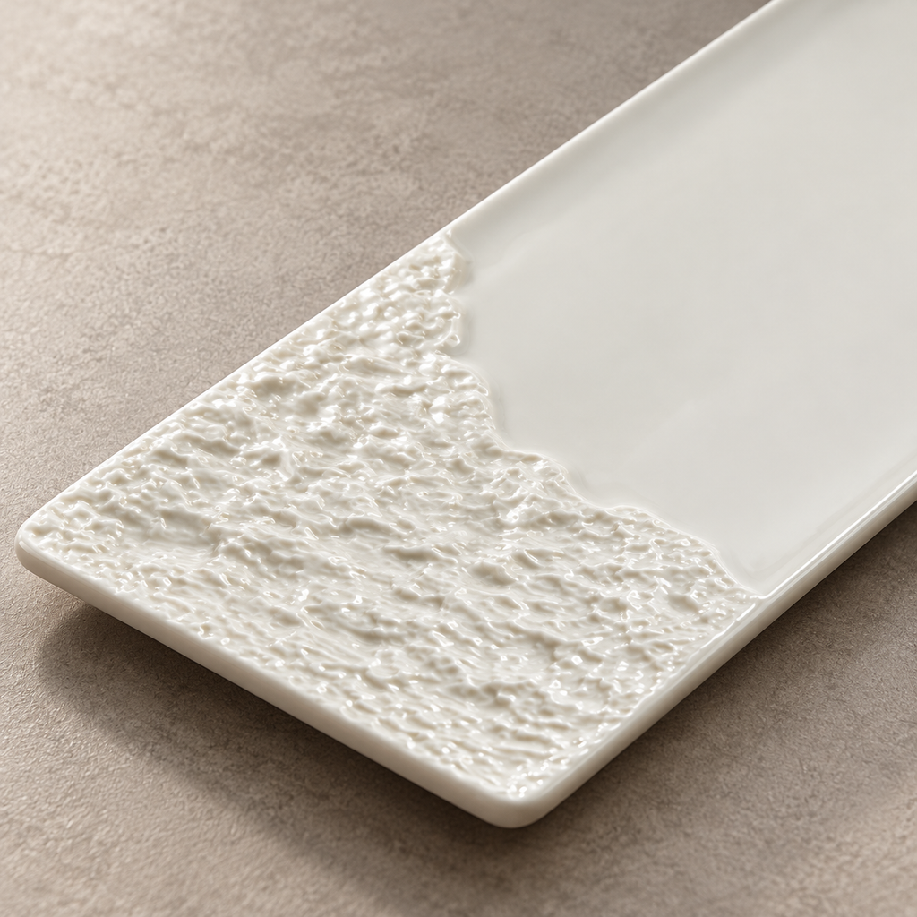 Close view of ceramic rock-texture relief and smooth glazed surface