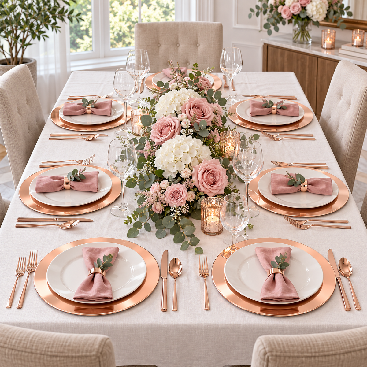 Rose Gold Stainless Steel Charger Plates, 13 in, 12 pc in a styled product photograph. Dinner plates, food, flowers and extra decor are styling props, not included.
