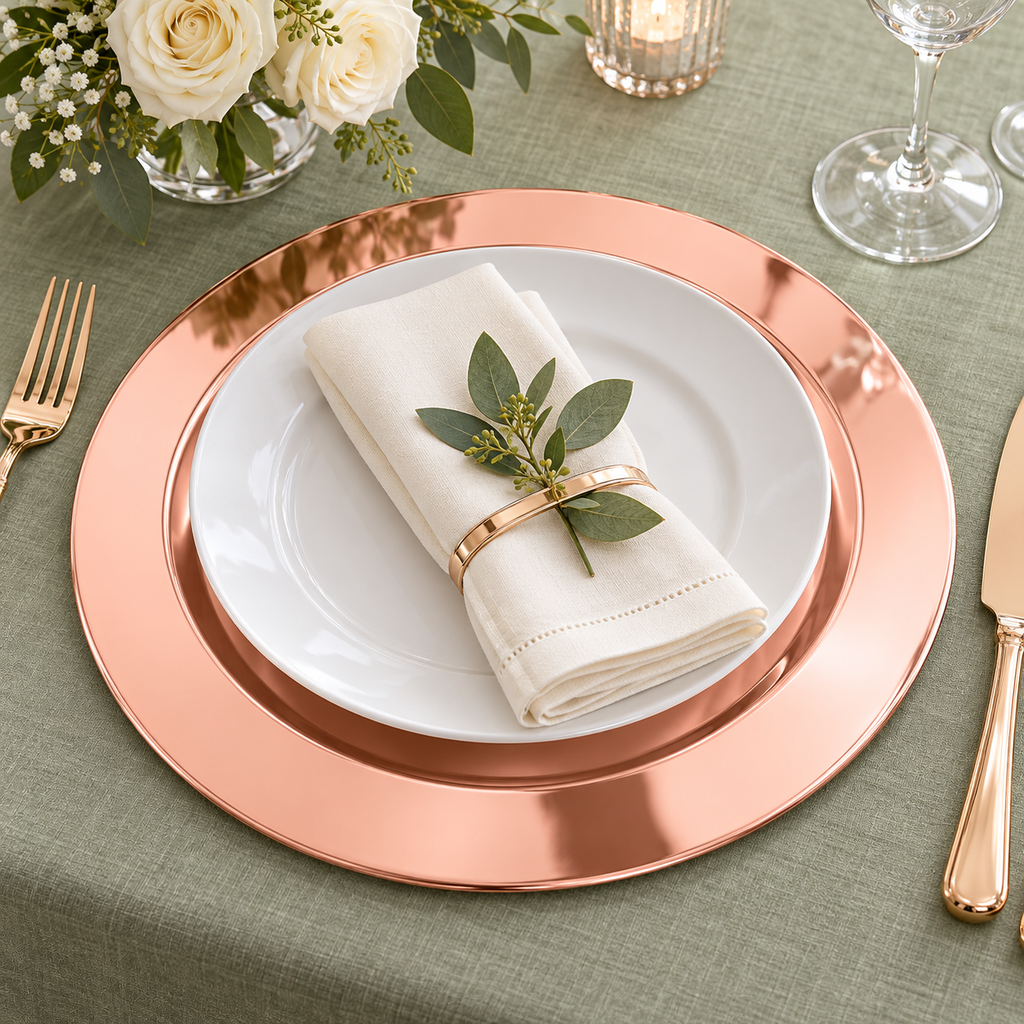 Rose Gold Stainless Steel Charger Plates, 13 in, 12 pc in a styled product photograph. Dinner plates, food, flowers and extra decor are styling props, not included.