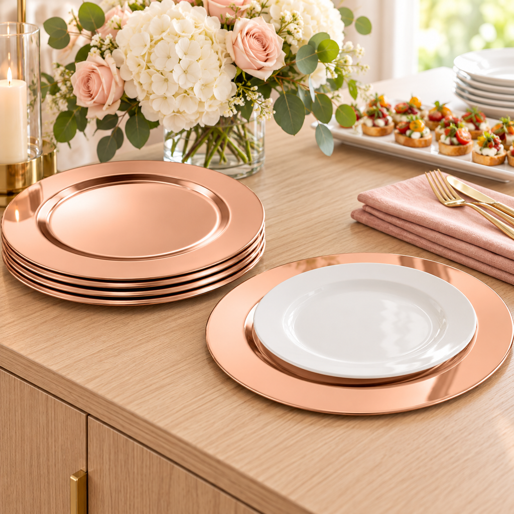 Rose Gold Stainless Steel Charger Plates, 13 in, 12 pc in a styled product photograph. Dinner plates, food, flowers and extra decor are styling props, not included.