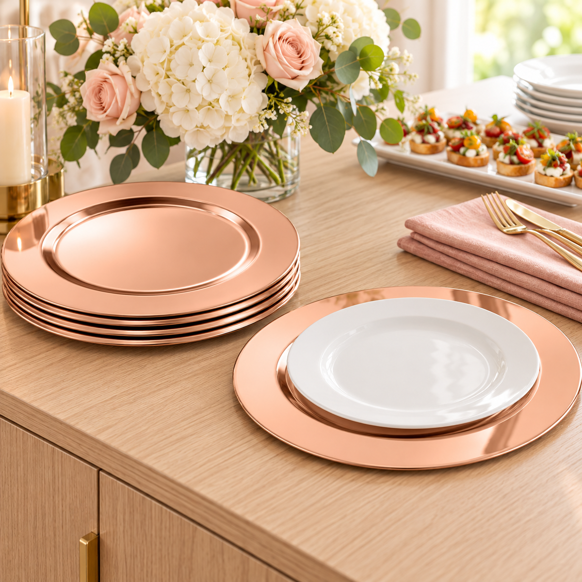 Rose Gold Stainless Steel Charger Plates, 13 in, 12 pc in a styled product photograph. Dinner plates, food, flowers and extra decor are styling props, not included.