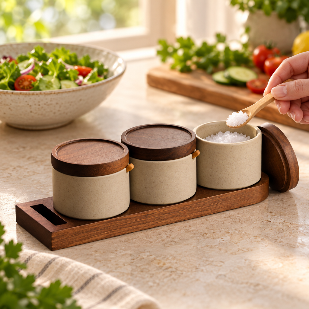Three-jar seasoning set used for seasoning a salad