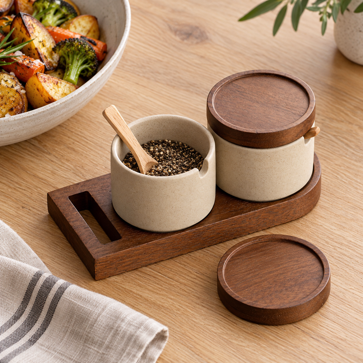 Two-jar seasoning set on a dining table