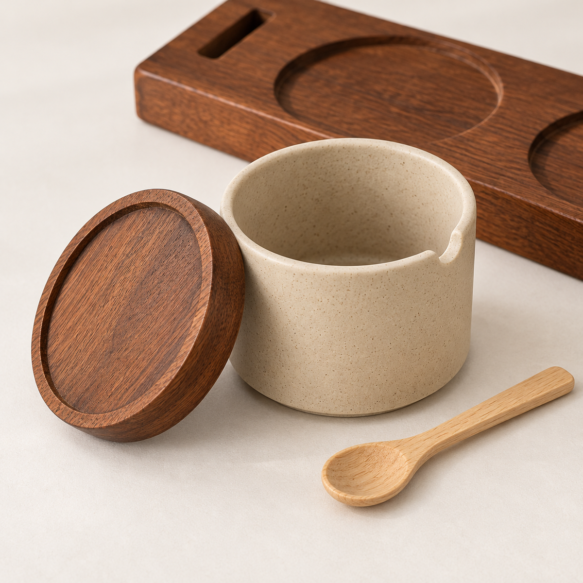 Ceramic seasoning jar wooden lid and spoon detail