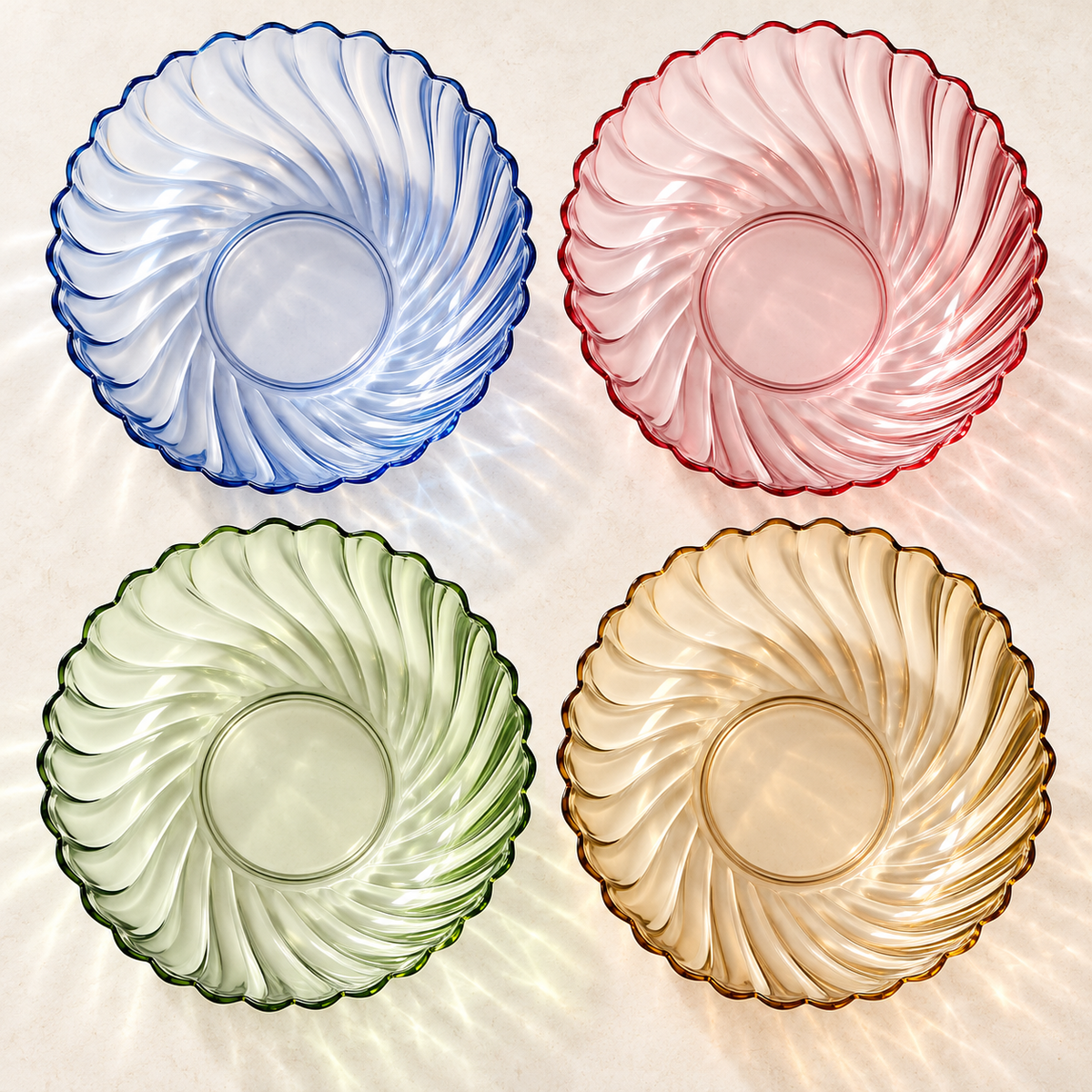 Overhead view of four empty fluted serving bowls
