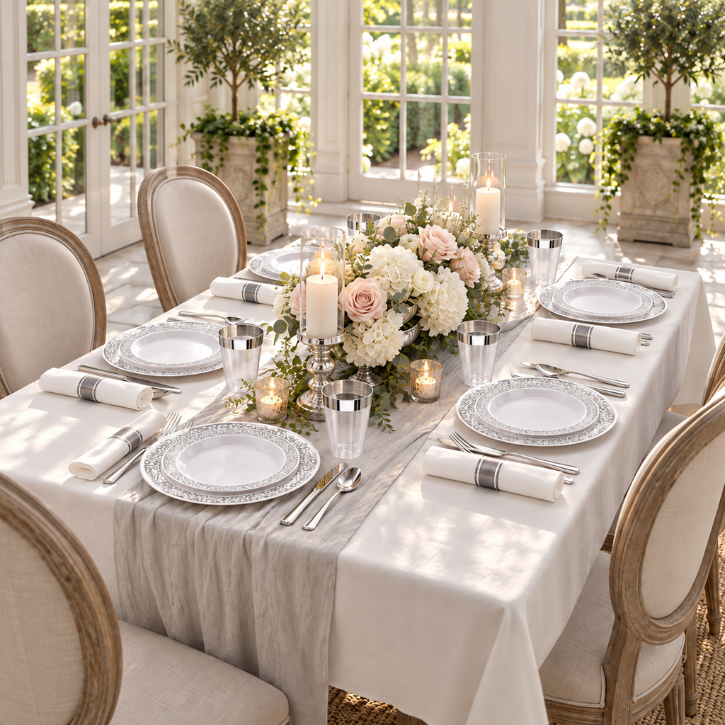 Silver Plastic Dinnerware Set for 50, 350 pc in a styled product photograph. Dinner plates, food, flowers and extra decor are styling props, not included.